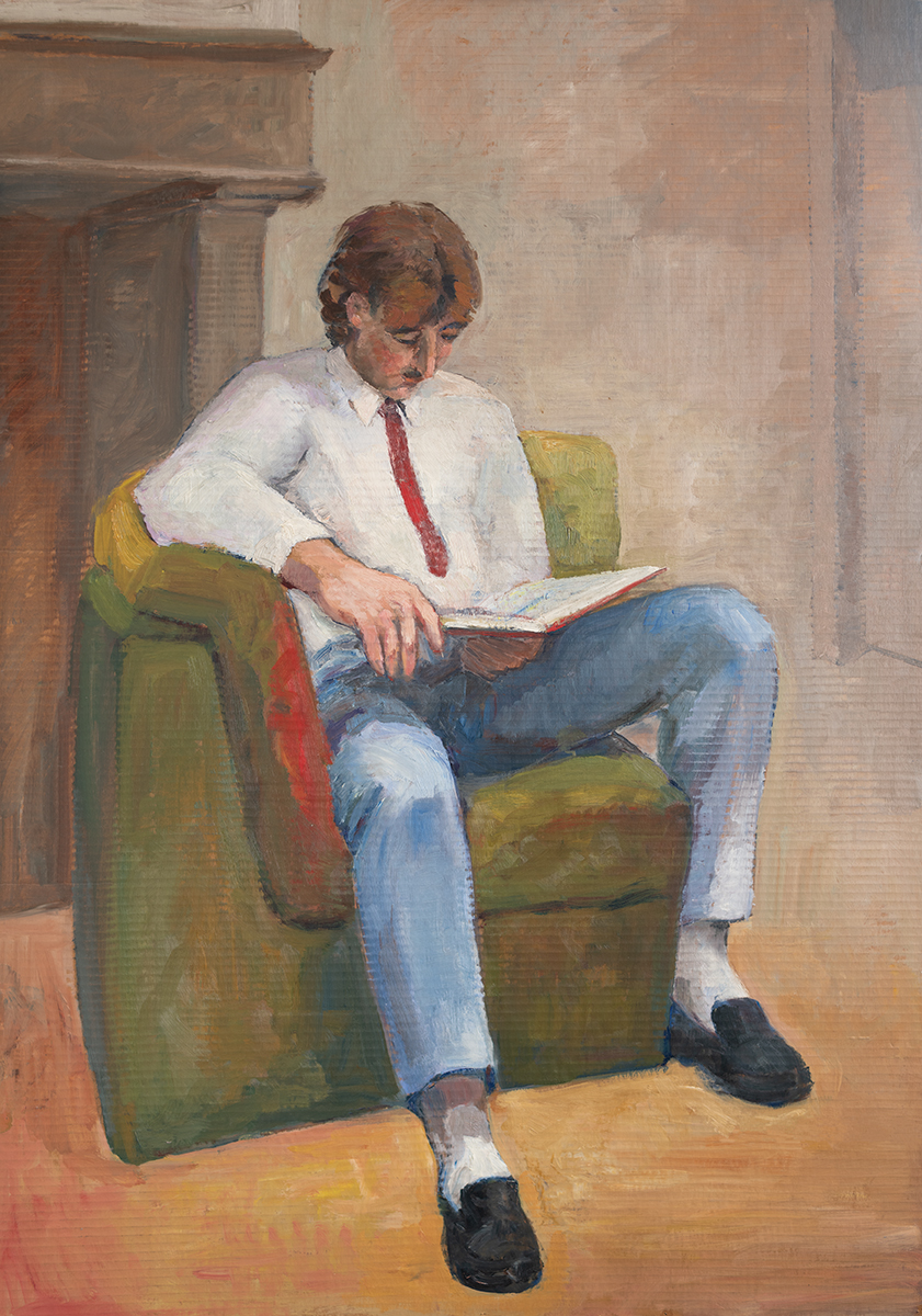 Man sitting in a chair- oil painting on cardboard