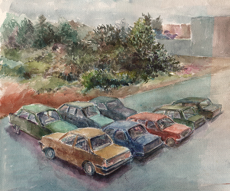 View on some parked cars. Oost Duinkerke (Belgium) watercolour painting