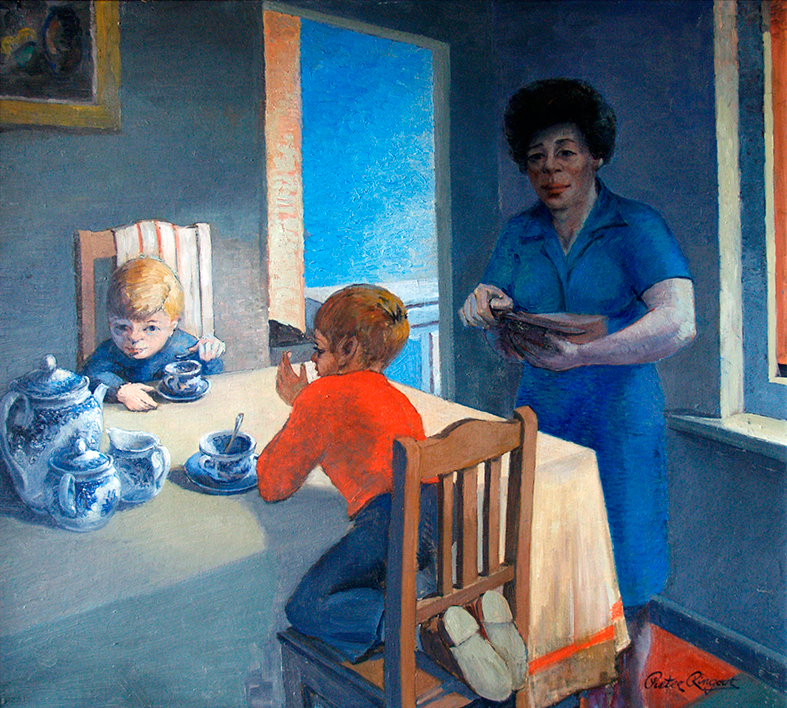 Grandmother with here two grandchildren - oil painting on canvas