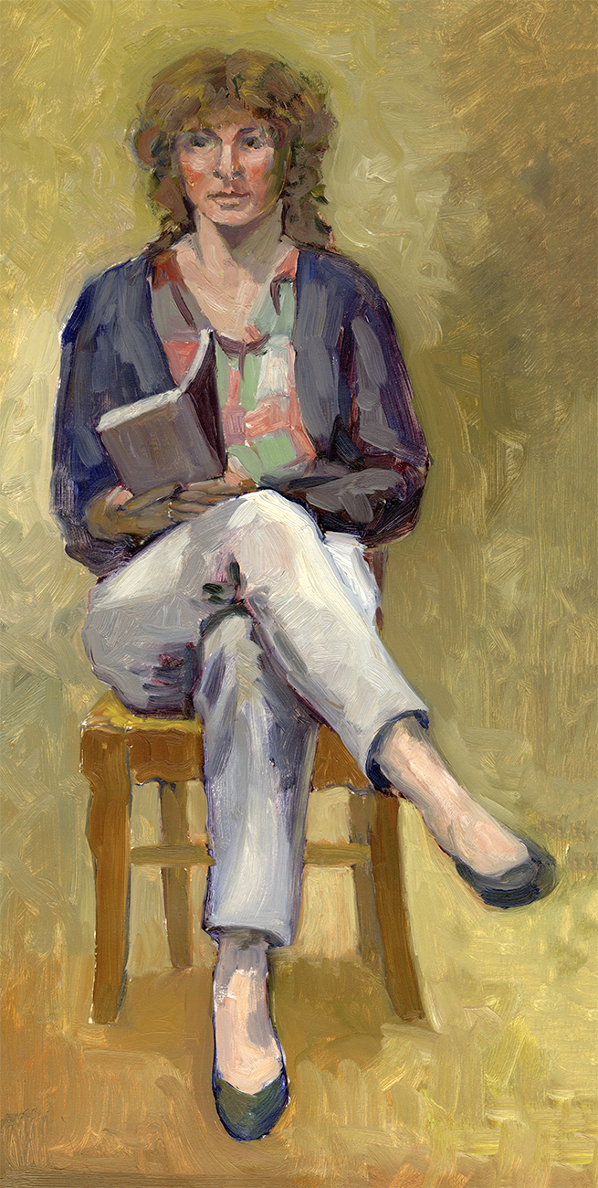 Woman on a chair reading a book - oil painting