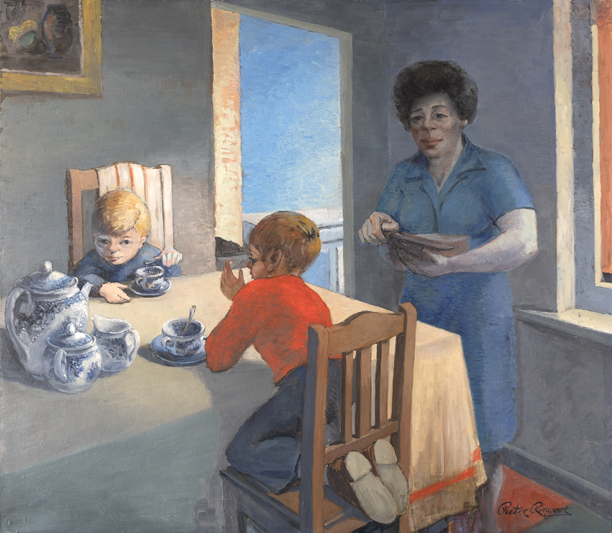 Maria Verdoodt, vrouw van de kunstenaar met haar kleinkinderen aan de ontbijttafel te Lebbeke. olieverf op doek.