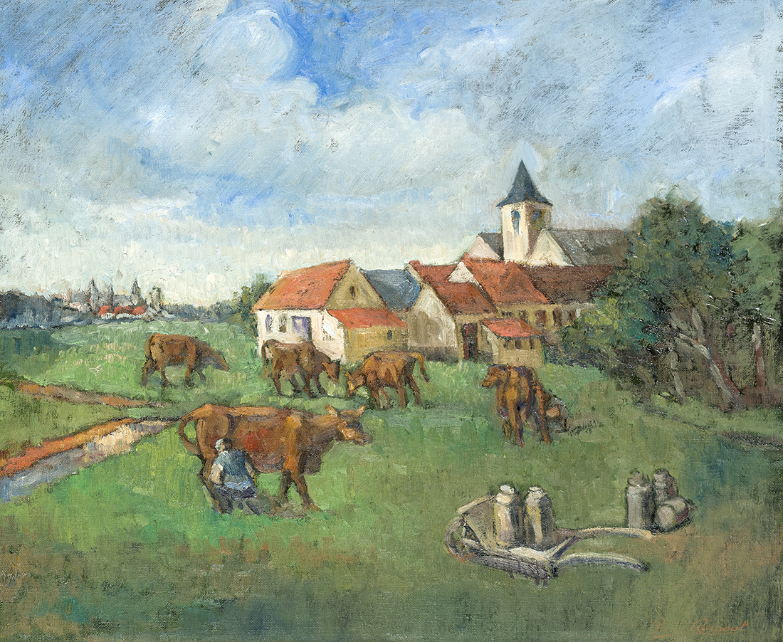 Dorpzicht met kerktoren en boer die koeien melkt - Olieverf op doek- Pieter Ringoot
