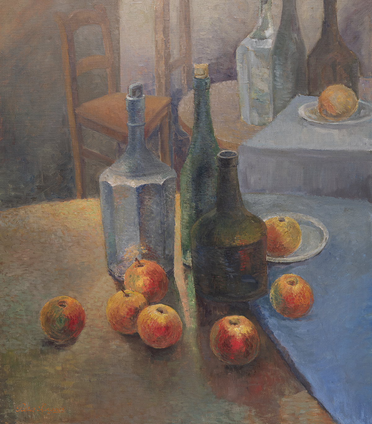 Stilleven schilderij met appels en flessen in het atelier van de kunstenaar te Lebbeke.