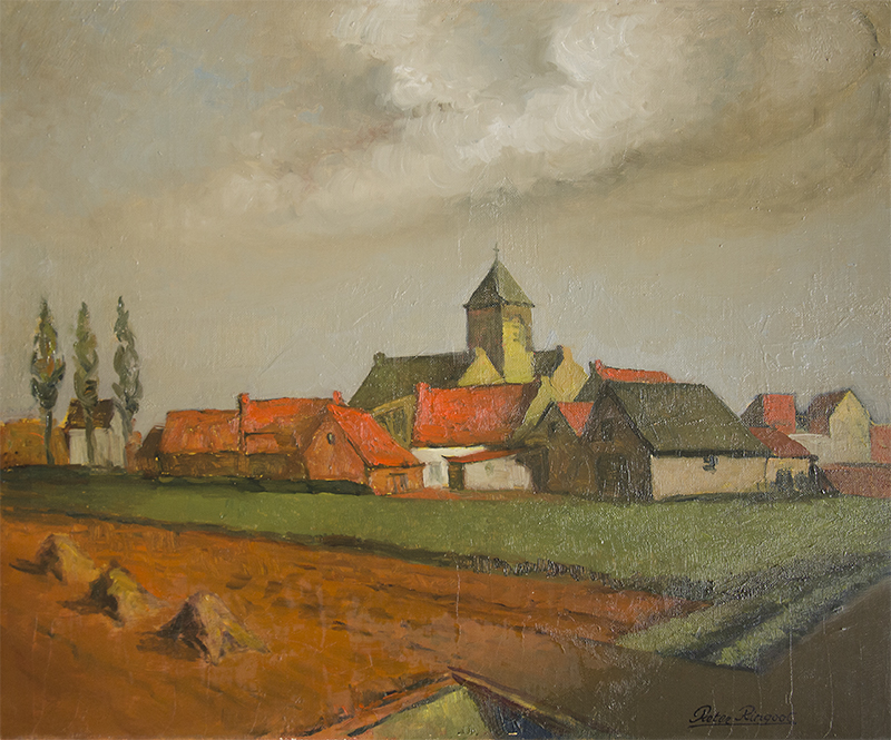 dorpje met kerktoren - Olieverf op doek- Pieter Ringoot