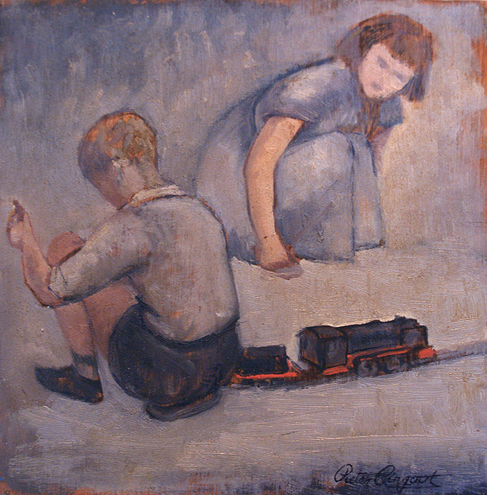 Twee spelende kinderen met trein - olieverf op hardboard.