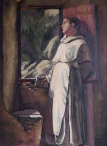 Monnik starend door het open raam van de abdij. Olieverf op doek - 1943