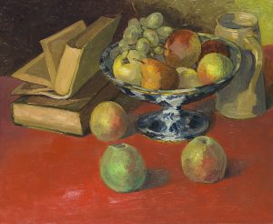 Stilleven met boeken, appels, peren en druiven