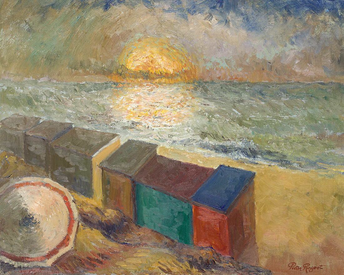 Zeezicht met ondergaande zon boven de Noordzee - Olieverf op doek