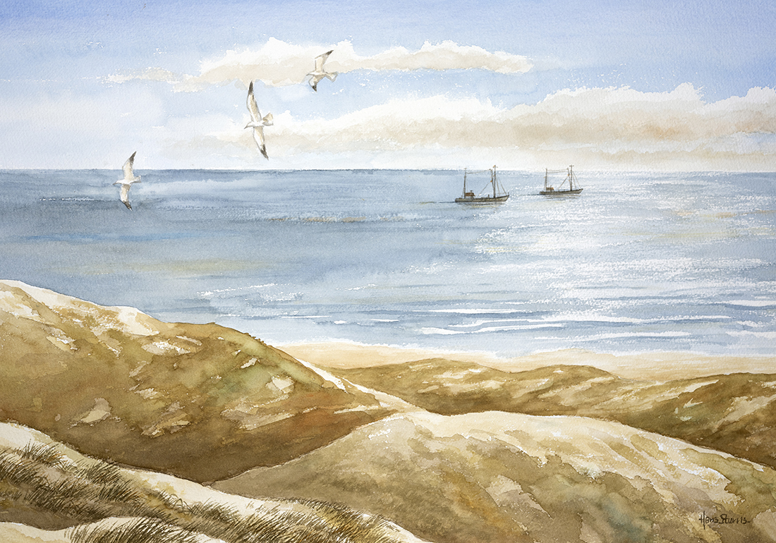 Vissersboten op de Noordzee - aquarel