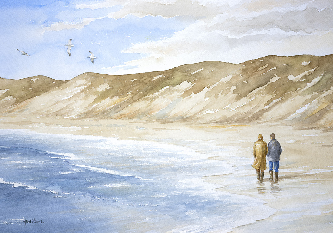 wandelen op het Noordzeestrand - aquarel