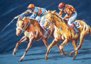 Horse racing at the racetrack.