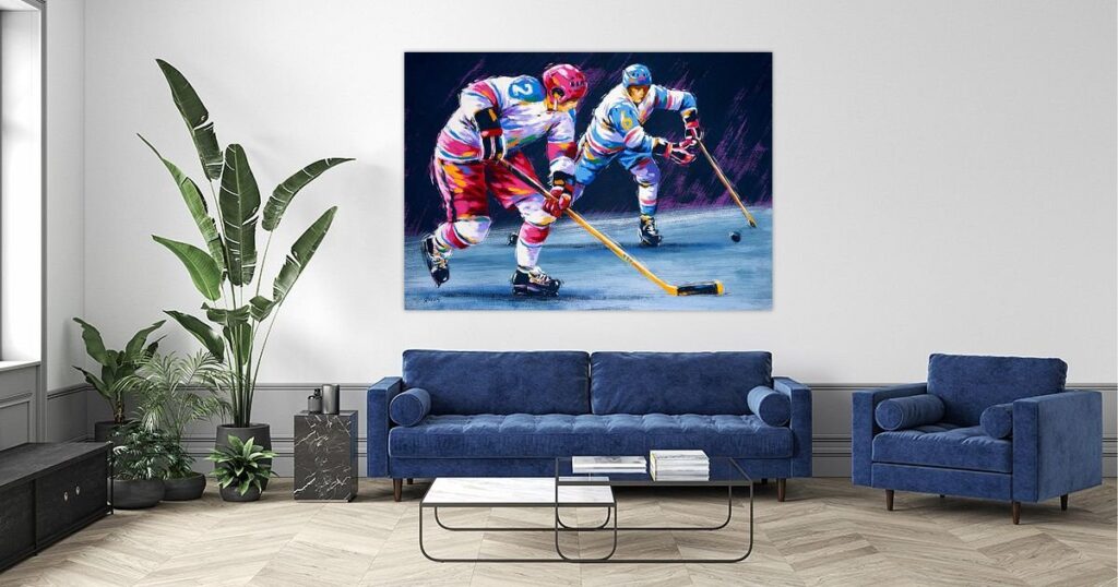 Sport illustraties; Twee ijshockey spelers aan de muur