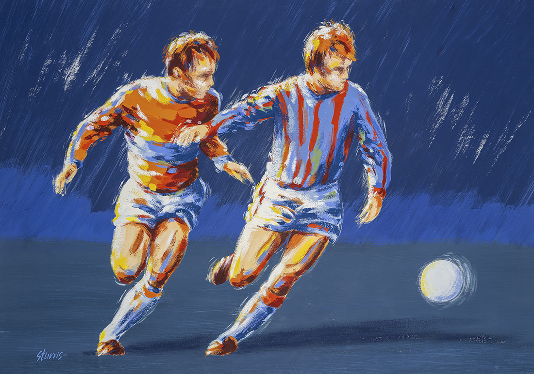 Illustratie van twee voetballers tijdens het spel - acryl op papier