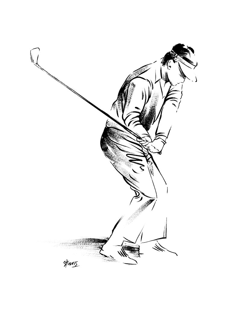 Illustratie van een golf speler - zwarte acrylverf op papier