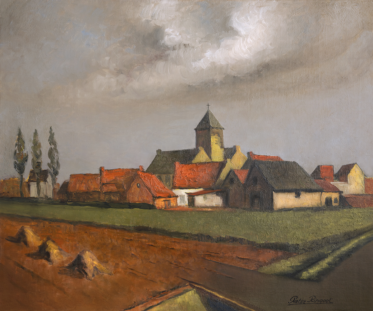 Zicht op een Vlaams dorpje en weilanden met kerkje, huizen en boerdrijen. Olieverf op doek.