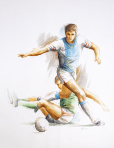 Illustratie van twee voetbal spelers - aquarel op papier